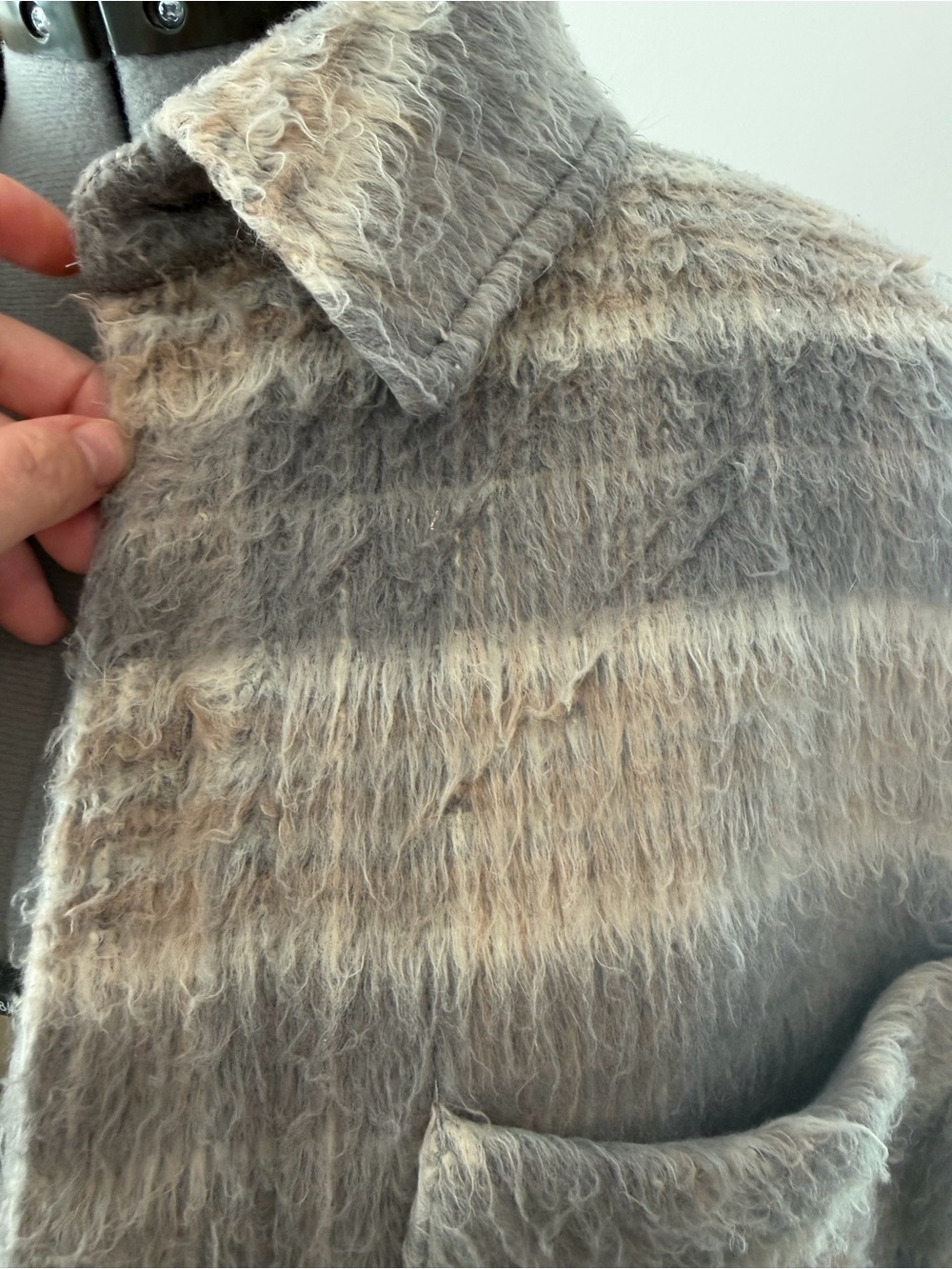 Frank & Oak Plush Plaid Button-Up Jacket in Beige and Gray - Picture 9 of 12
